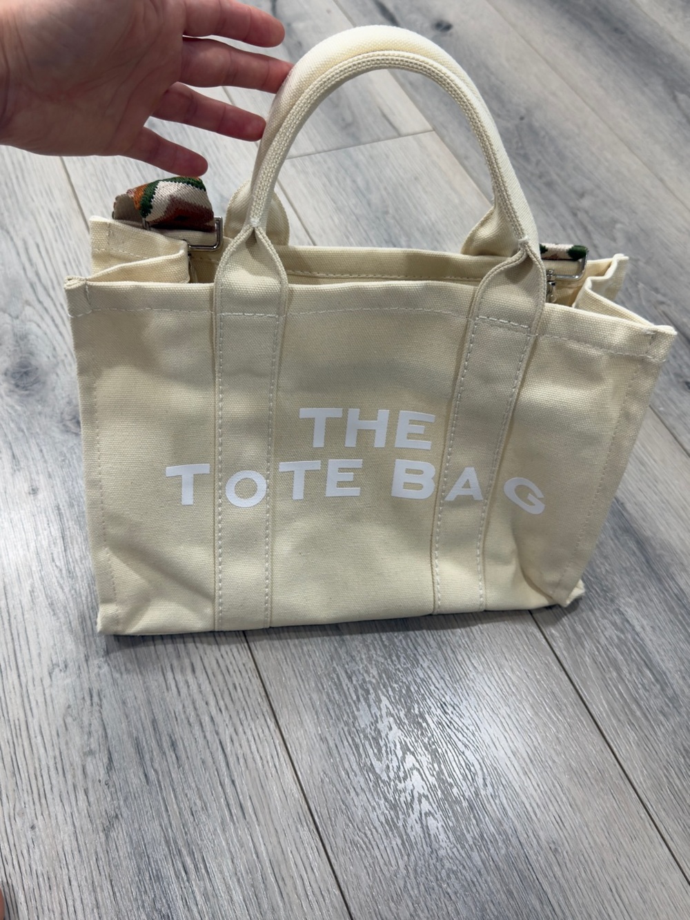 Cream Canvas Tote with White Logo and Detachable Strap